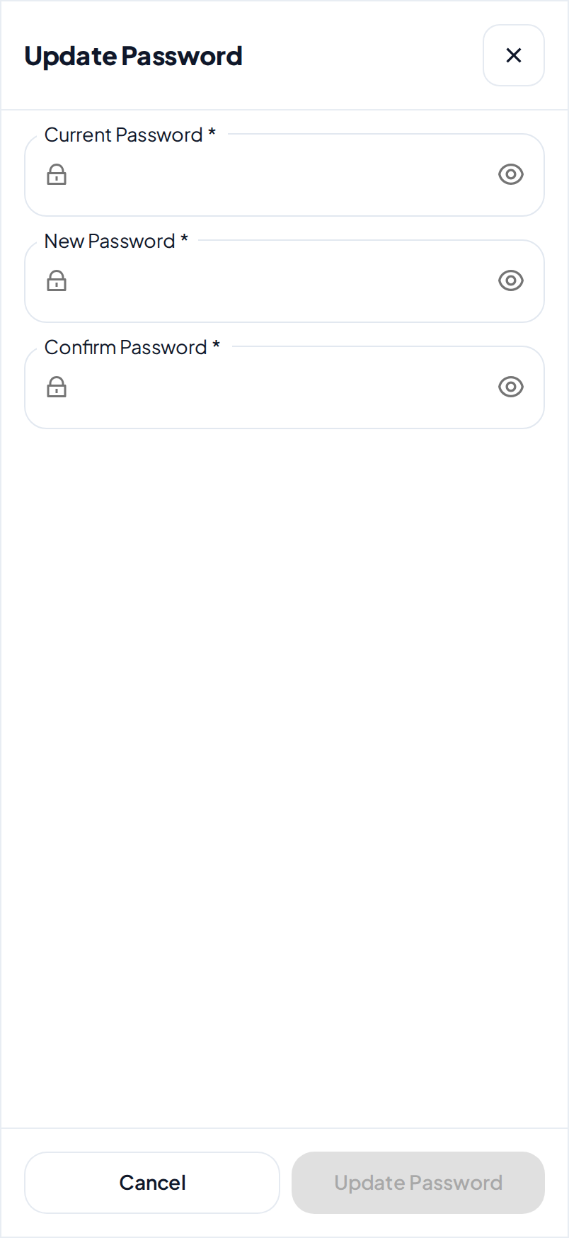The Update Password dialog on a phone, with the Current Password, New Password and Confirm Password fields