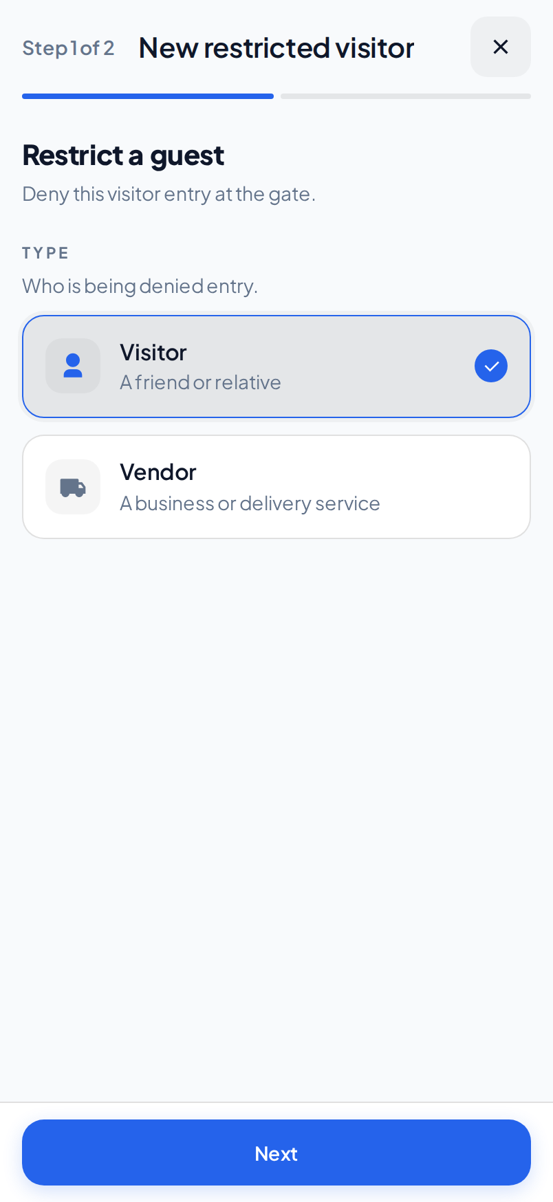 The Restrict a guest step on a phone, with the Visitor and Vendor cards