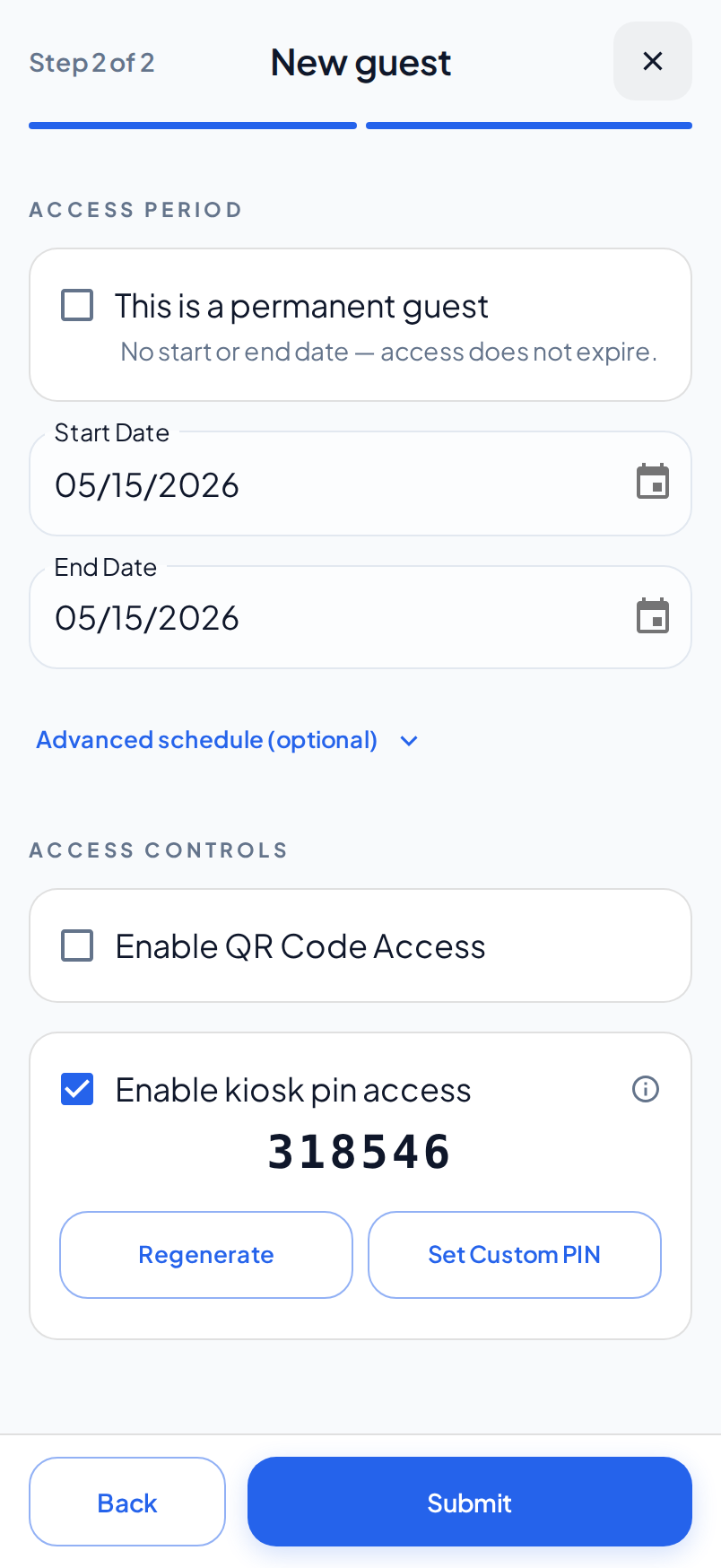 The Access step for a new guest on a phone. Enable kiosk pin access is selected. The new PIN shows above the Regenerate and Set Custom PIN buttons.