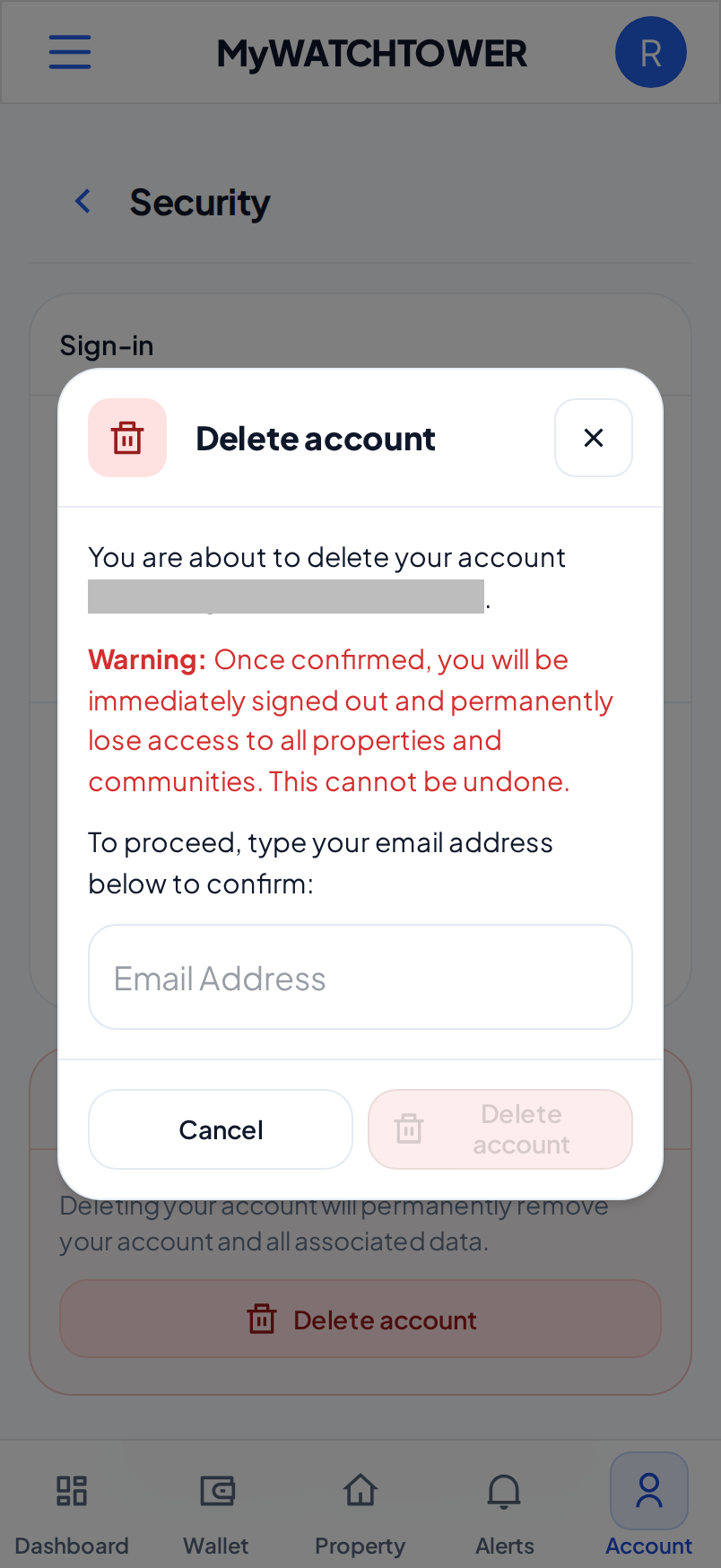 The Delete account dialog on a phone, with the warning, the Email Address field and the Cancel and Delete account buttons