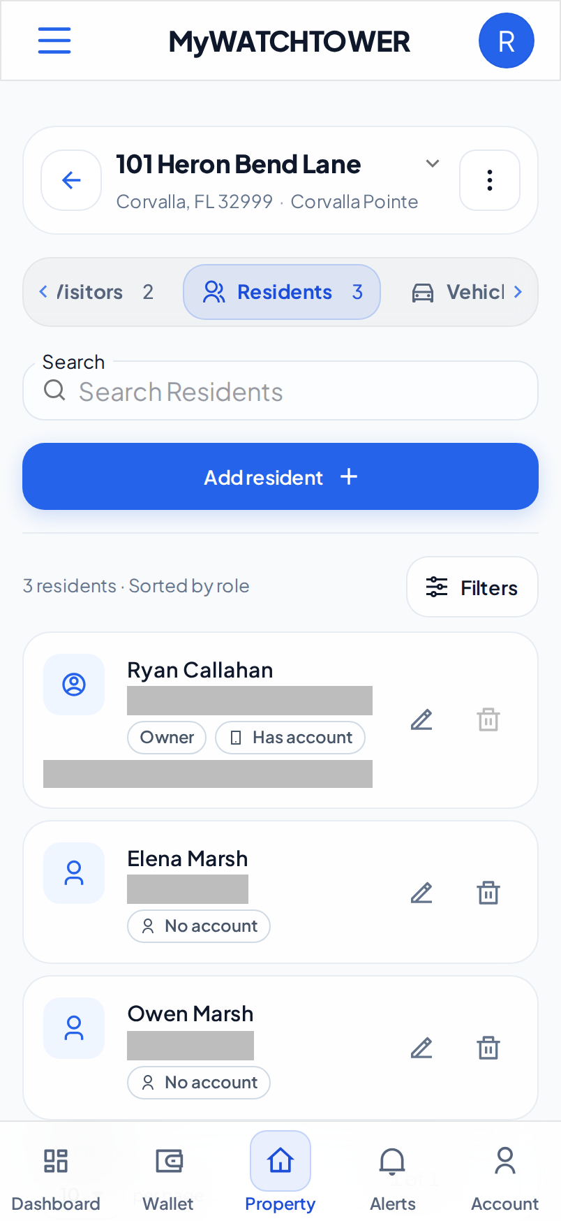 The Residents tab of a property on a phone, with the Add resident button