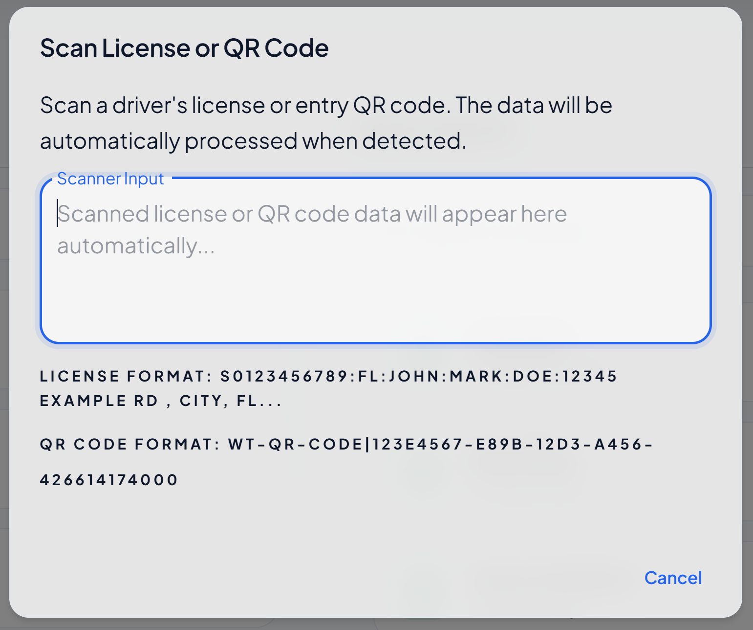 The scan dialog ready to capture a code