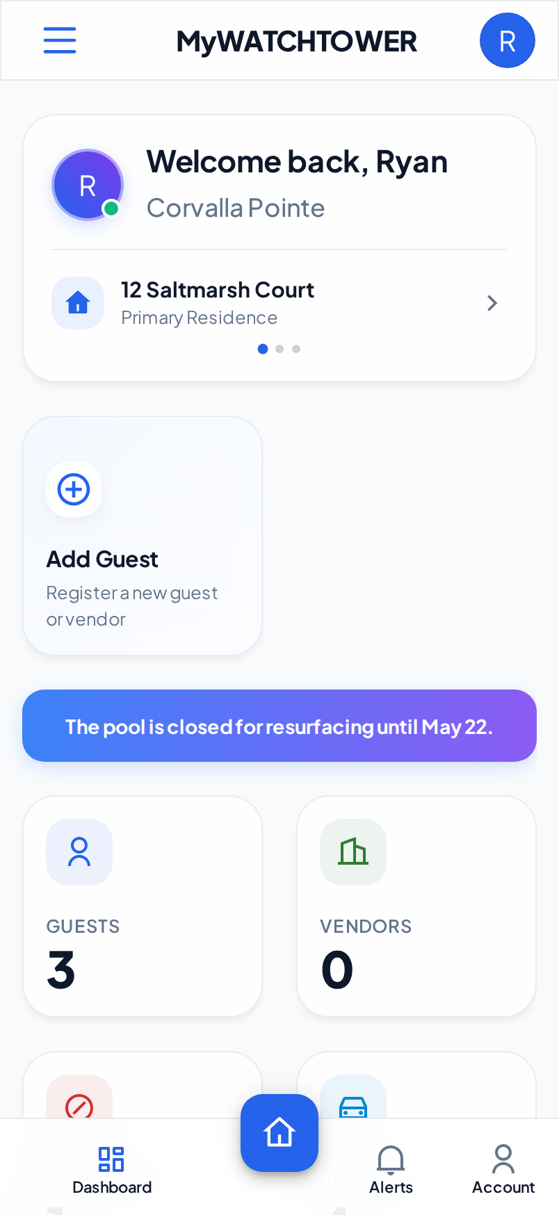 The resident dashboard on a phone, with the Message of the Day banner