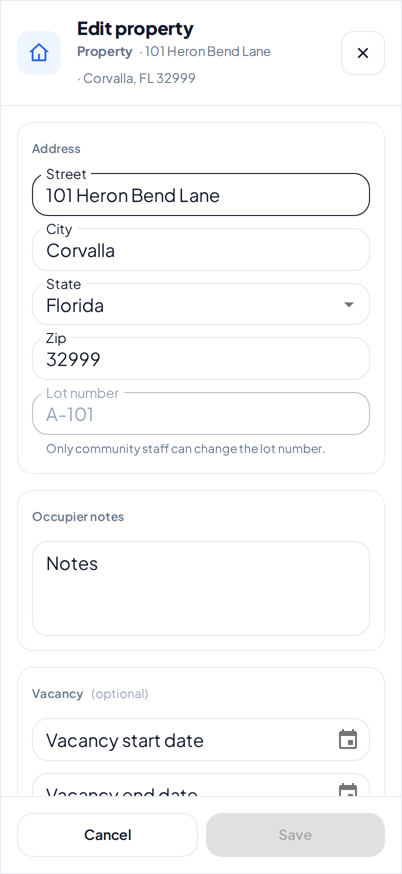 The top of the Edit property dialog on a phone, with the Address section and its Lot number field