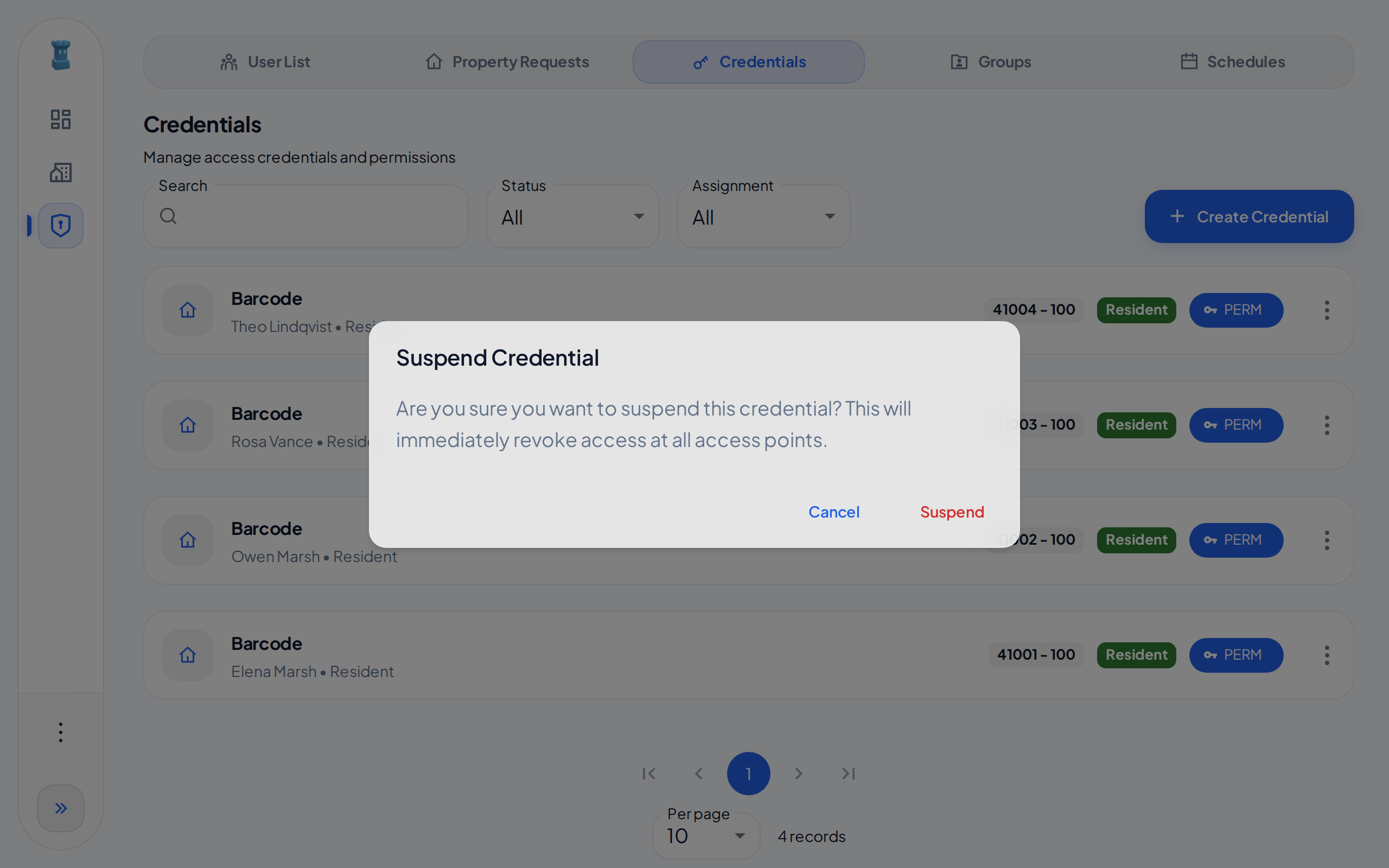 The Suspend Credential dialog