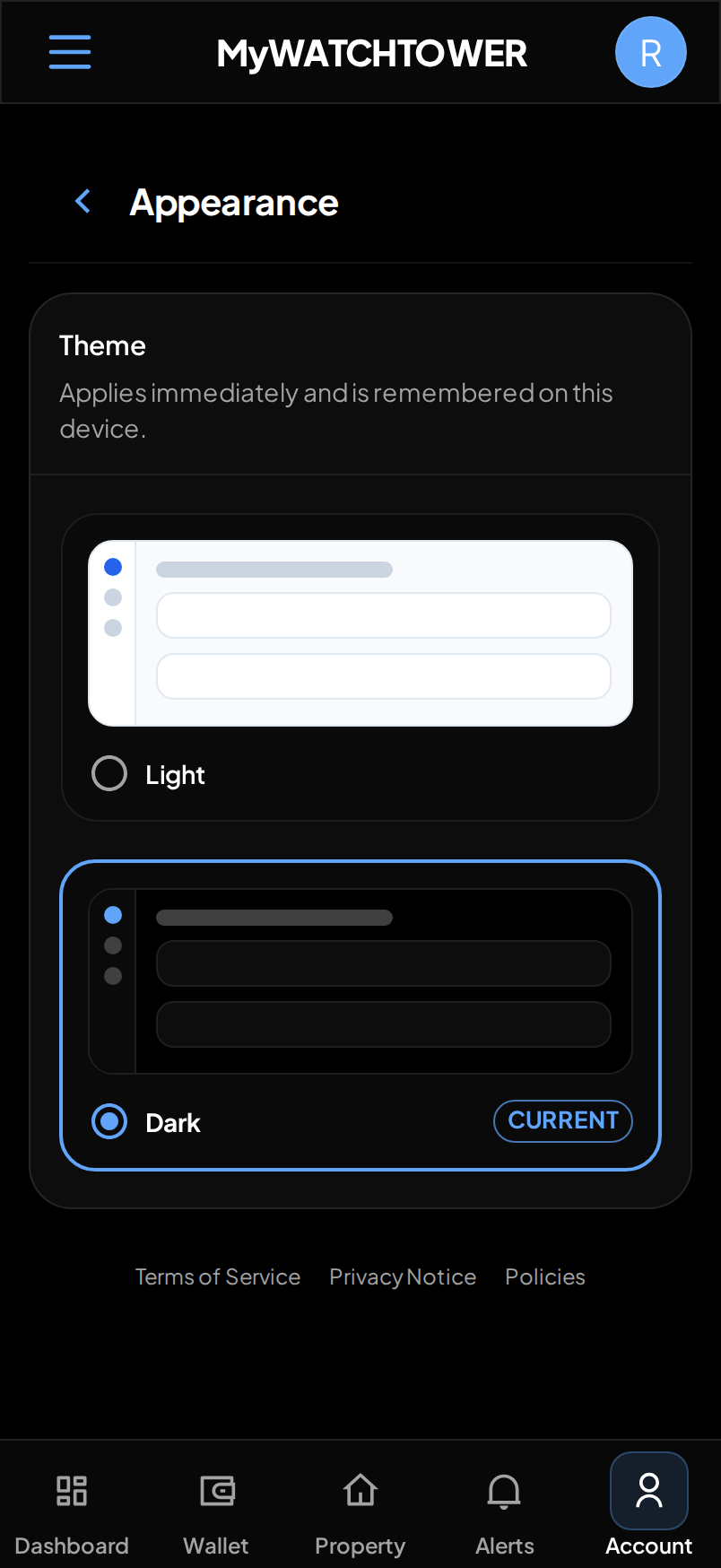 The Theme card on a phone after a change to Dark. The app shows the dark theme.