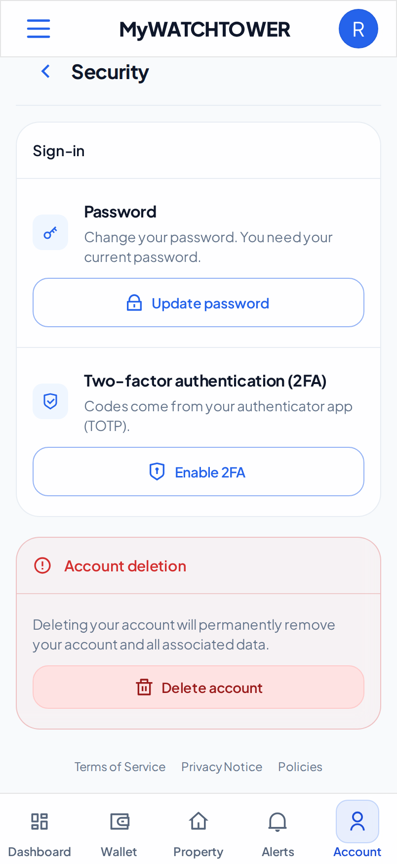 The Security section on a phone. The Sign-in card shows the Two-factor authentication (2FA) row with the Enable 2FA button.