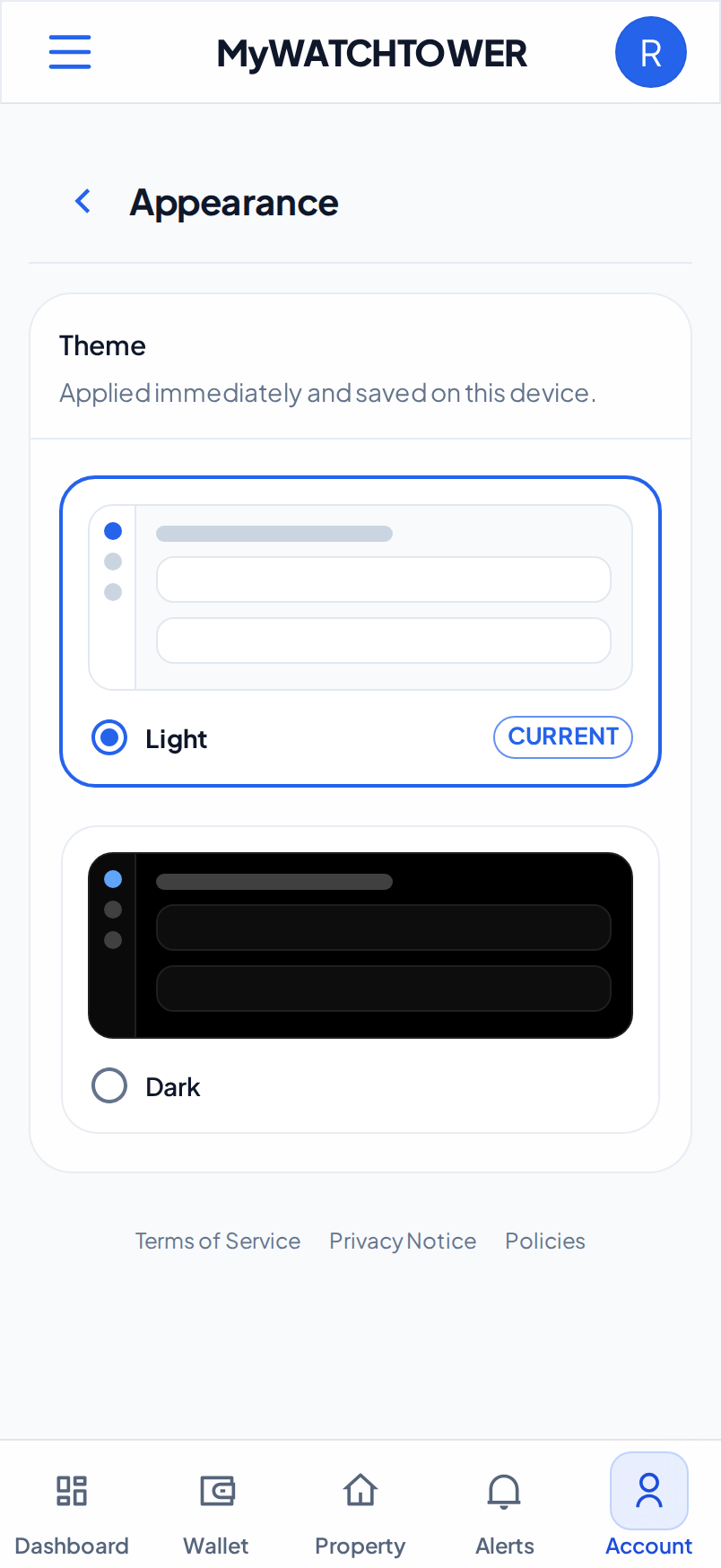 The Theme card on a phone, with Light selected