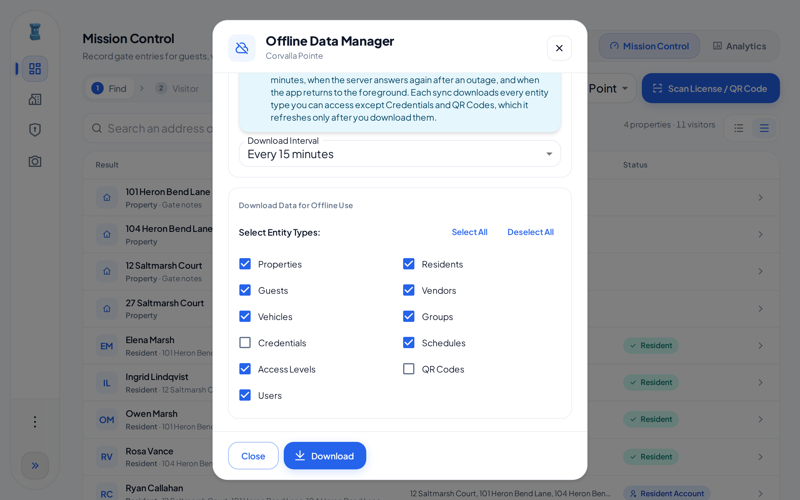 The Offline Data Manager for Corvalla Pointe. The Download Interval is Every 15 minutes. Under Download Data for Offline Use, all data types except Credentials and QR Codes are selected. Close and Download are at the bottom.