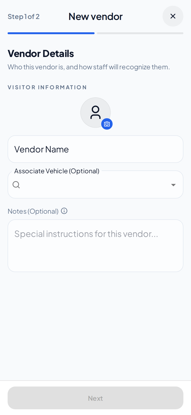 The Vendor Details step of the New vendor wizard on a phone, with the photo picker, Vendor Name and Notes