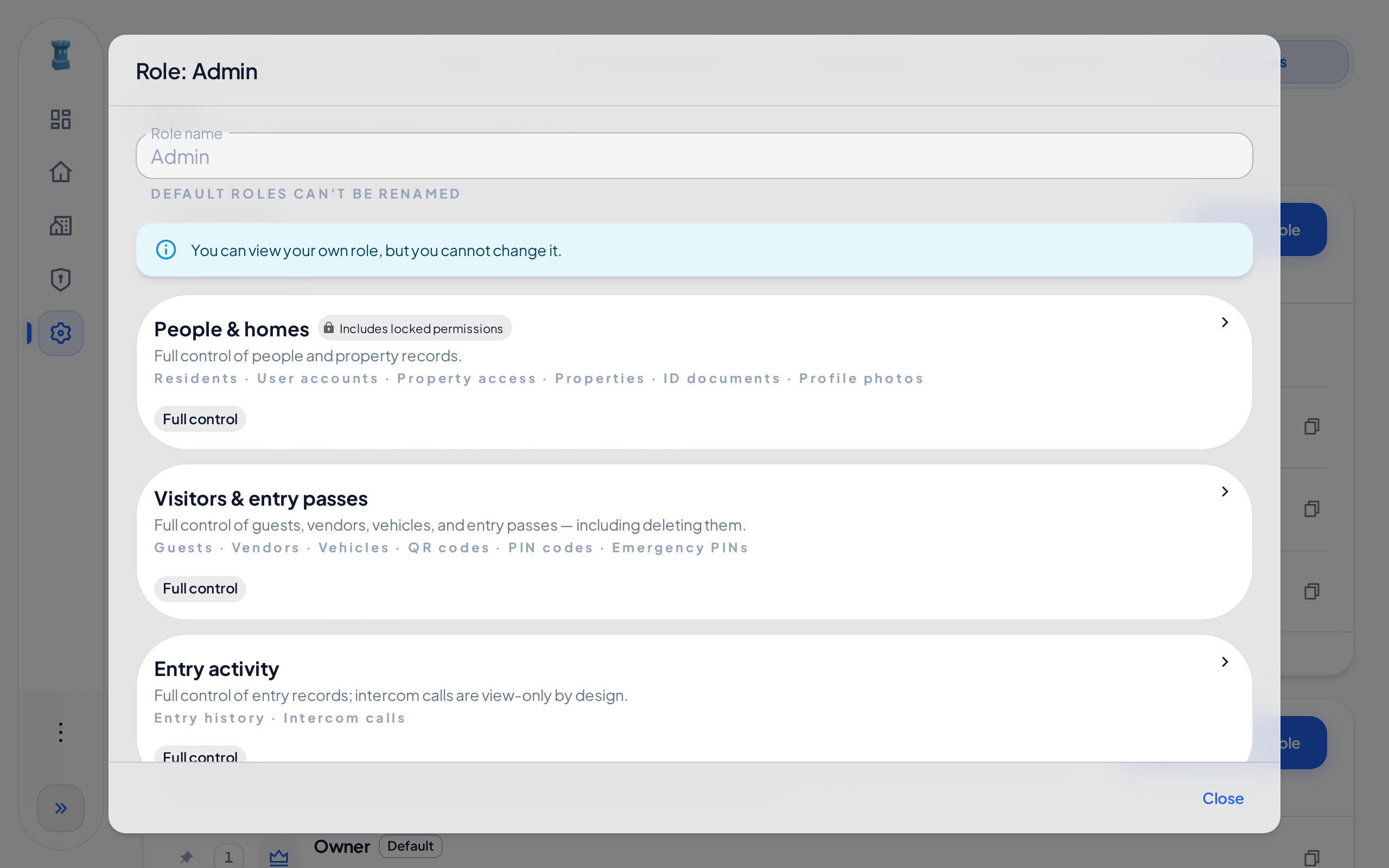 The Role: Admin dialog in view mode, with the message that you can view your own role but cannot change it