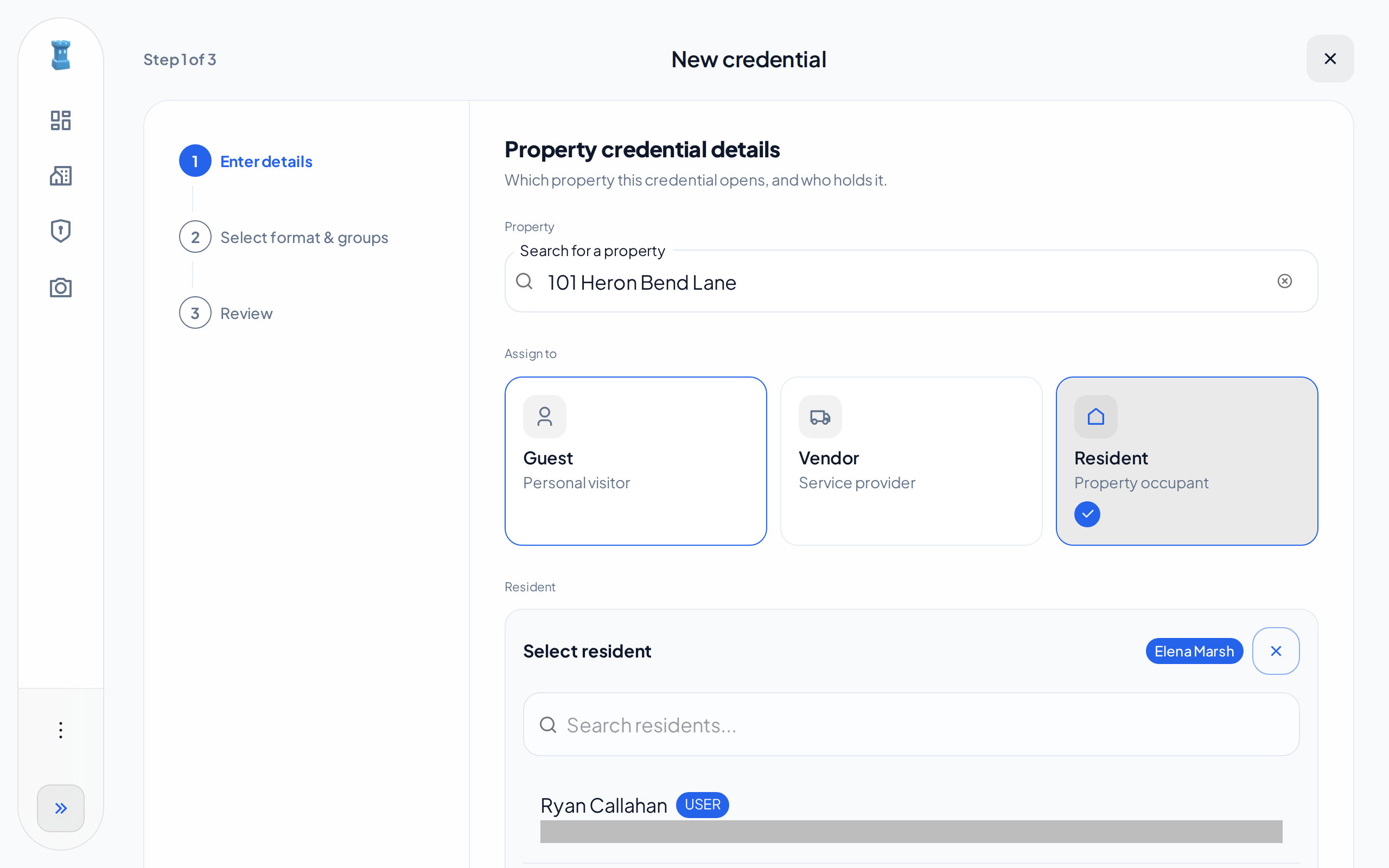 Step 1 of the New credential wizard, with 101 Heron Bend Lane, the Resident type and Elena Marsh selected