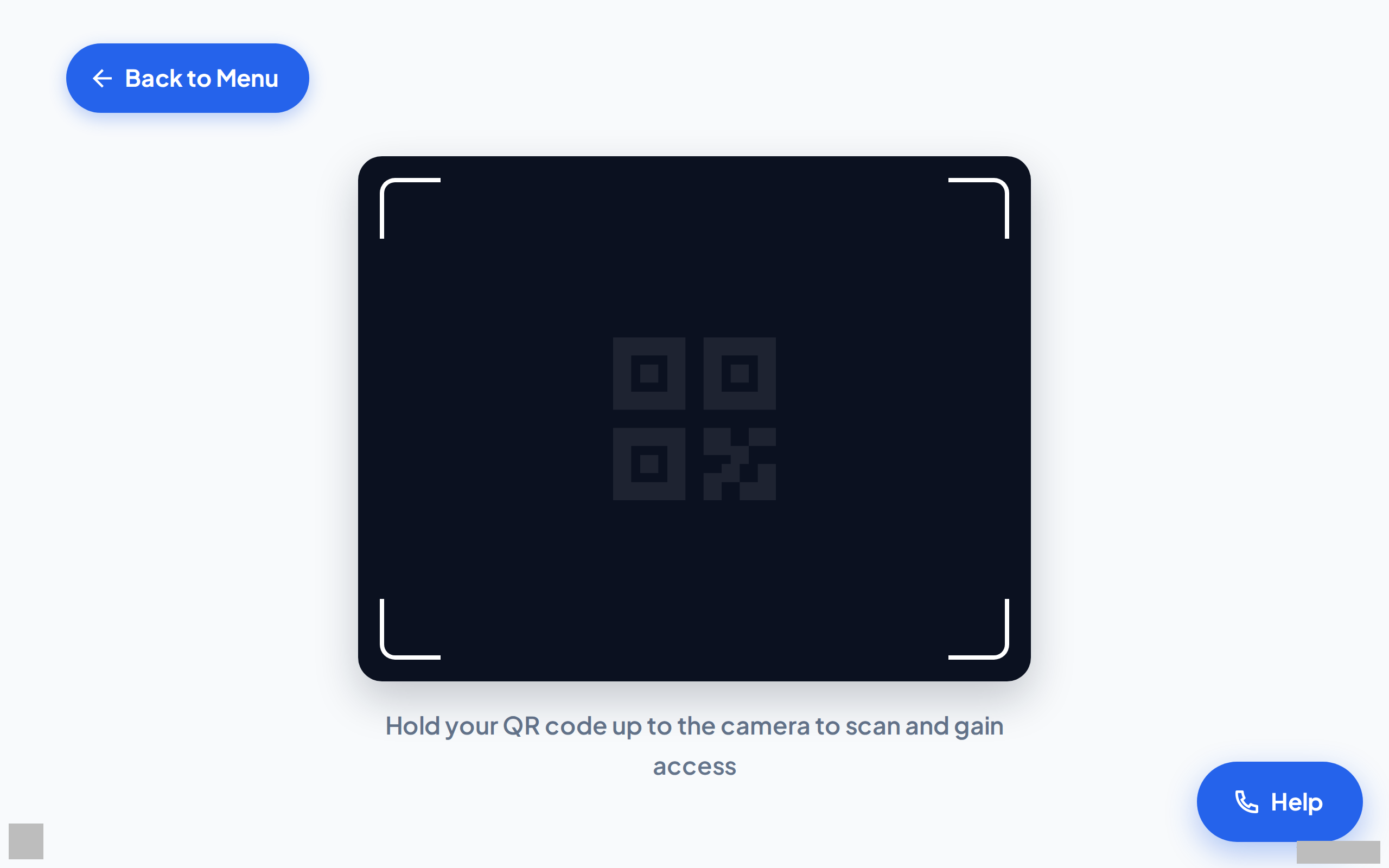 The QR scan screen of the kiosk. The camera panel is in the center, the Back to Menu button is at the top left, and the text under the panel tells you to hold your QR code up to the camera.