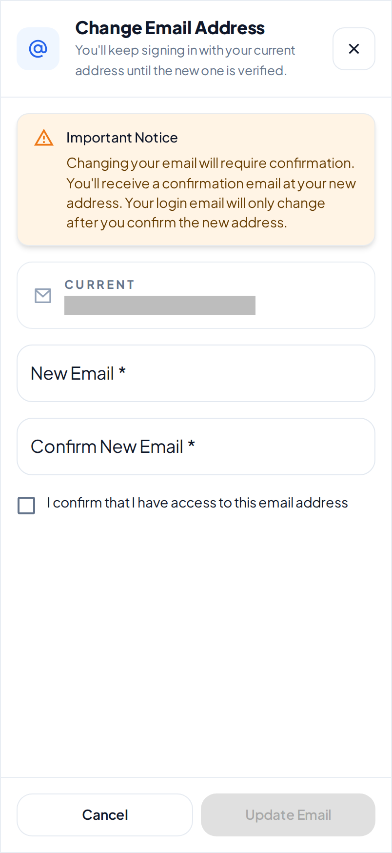 The Change Email Address dialog on a phone, with the New Email and Confirm New Email fields and the confirmation box