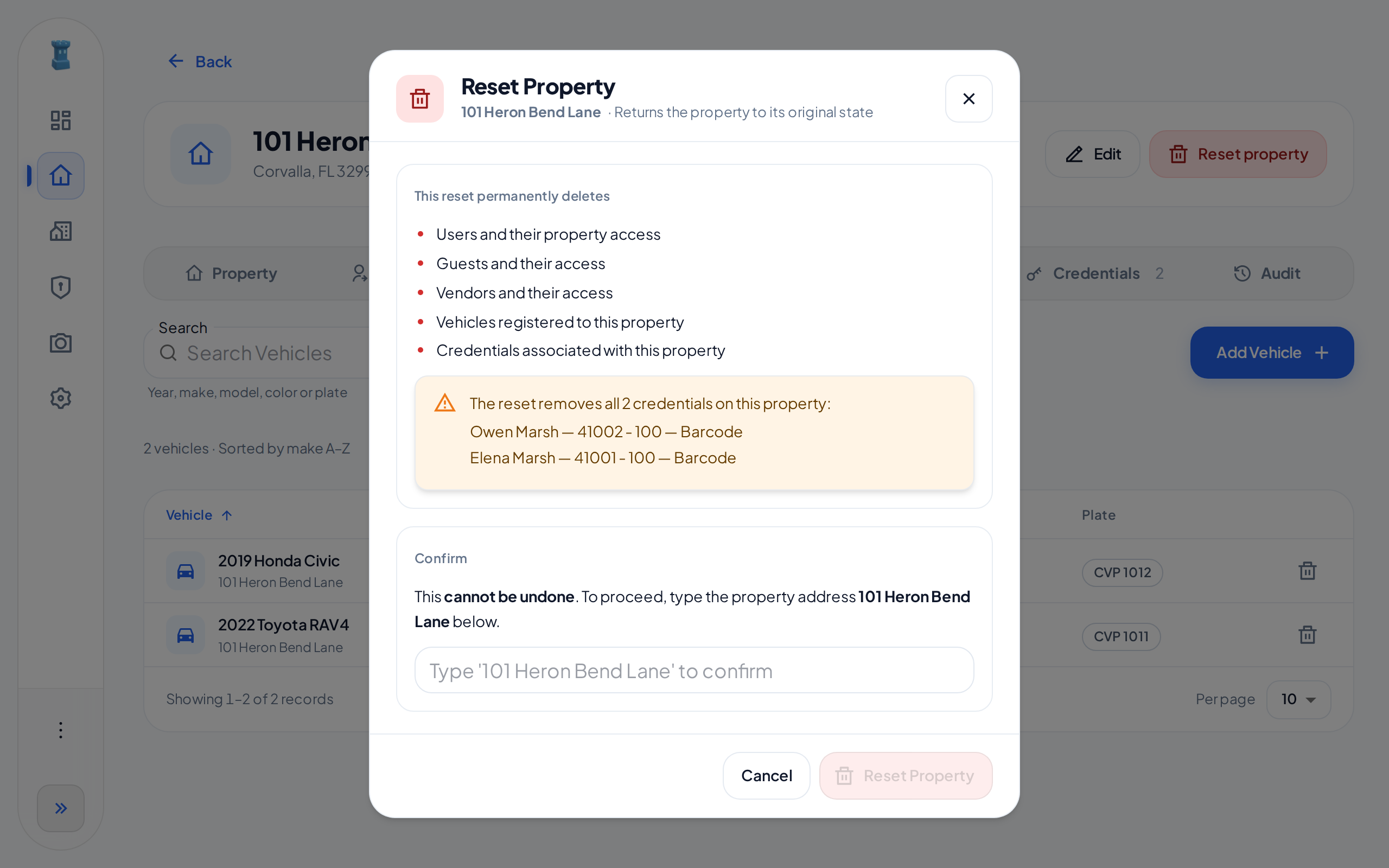 The Reset Property dialog, with the list of the credentials that the reset deletes