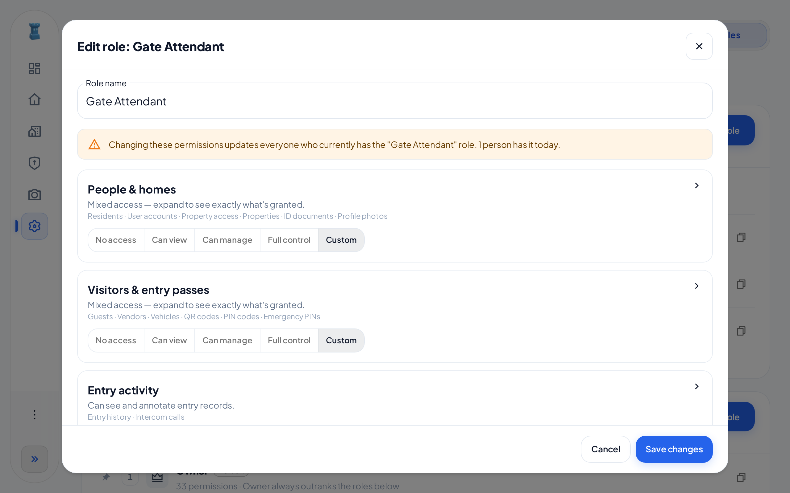 The Edit role dialog for the Gate Attendant role, with the role name and the permission areas