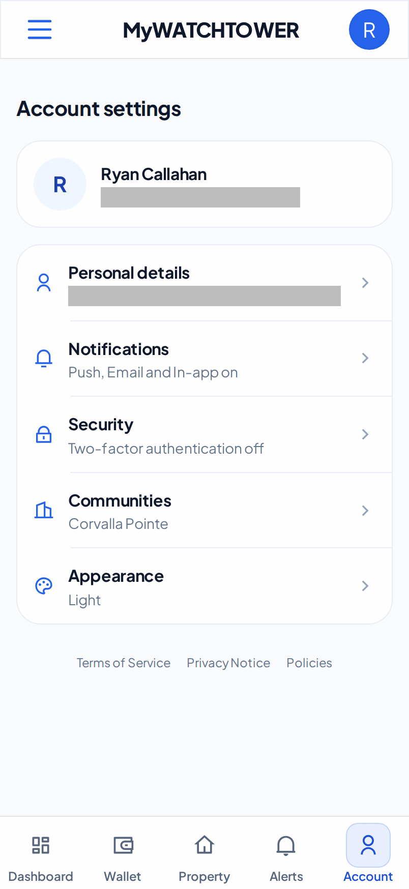 The Account settings list on a phone. The Appearance row shows Light.