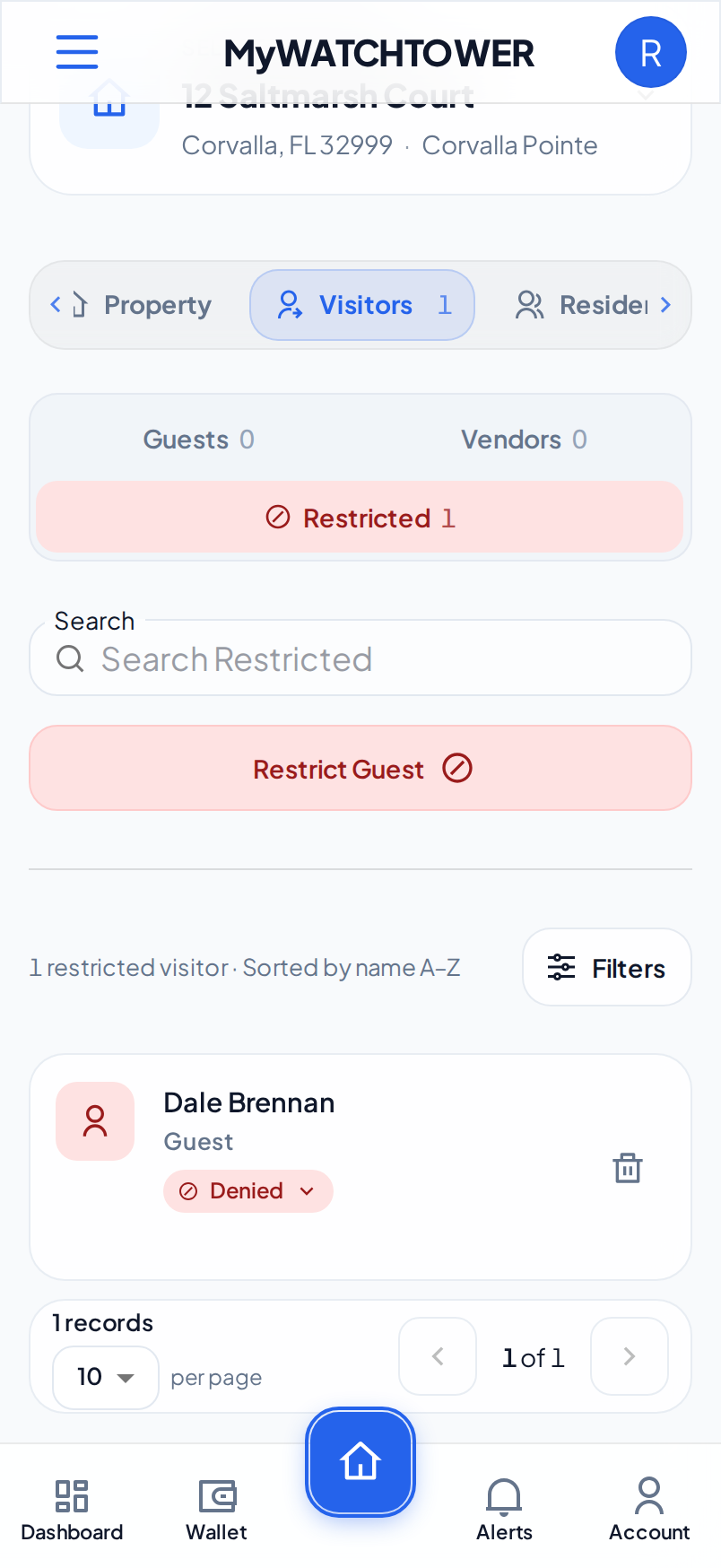 The Restricted list of a property on a phone, with Dale Brennan and the Restrict Guest button