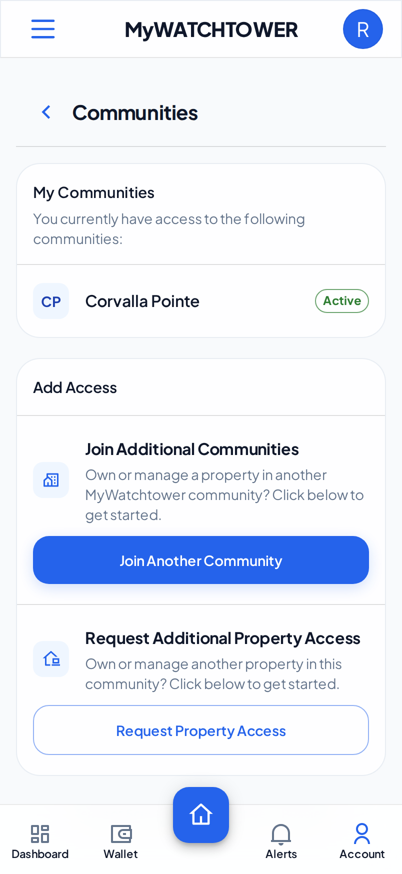The Communities section of the account on a phone, with Corvalla Pointe marked Active and the Join Another Community and Request Property Access buttons