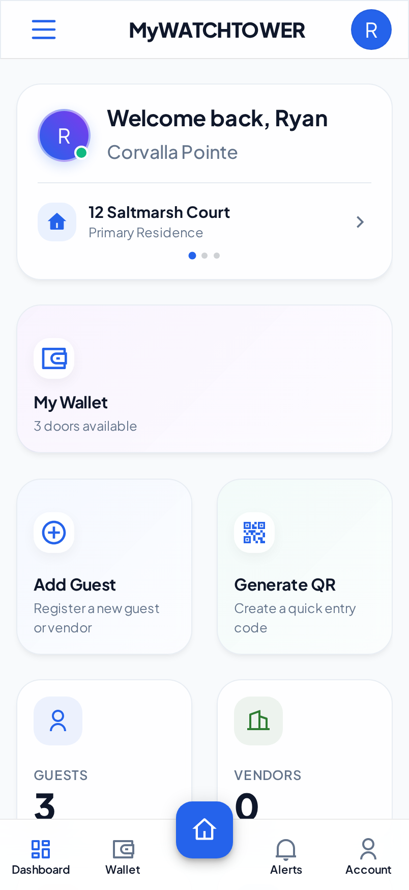 The resident dashboard on a phone. The My Wallet tile under the property says 3 doors available.