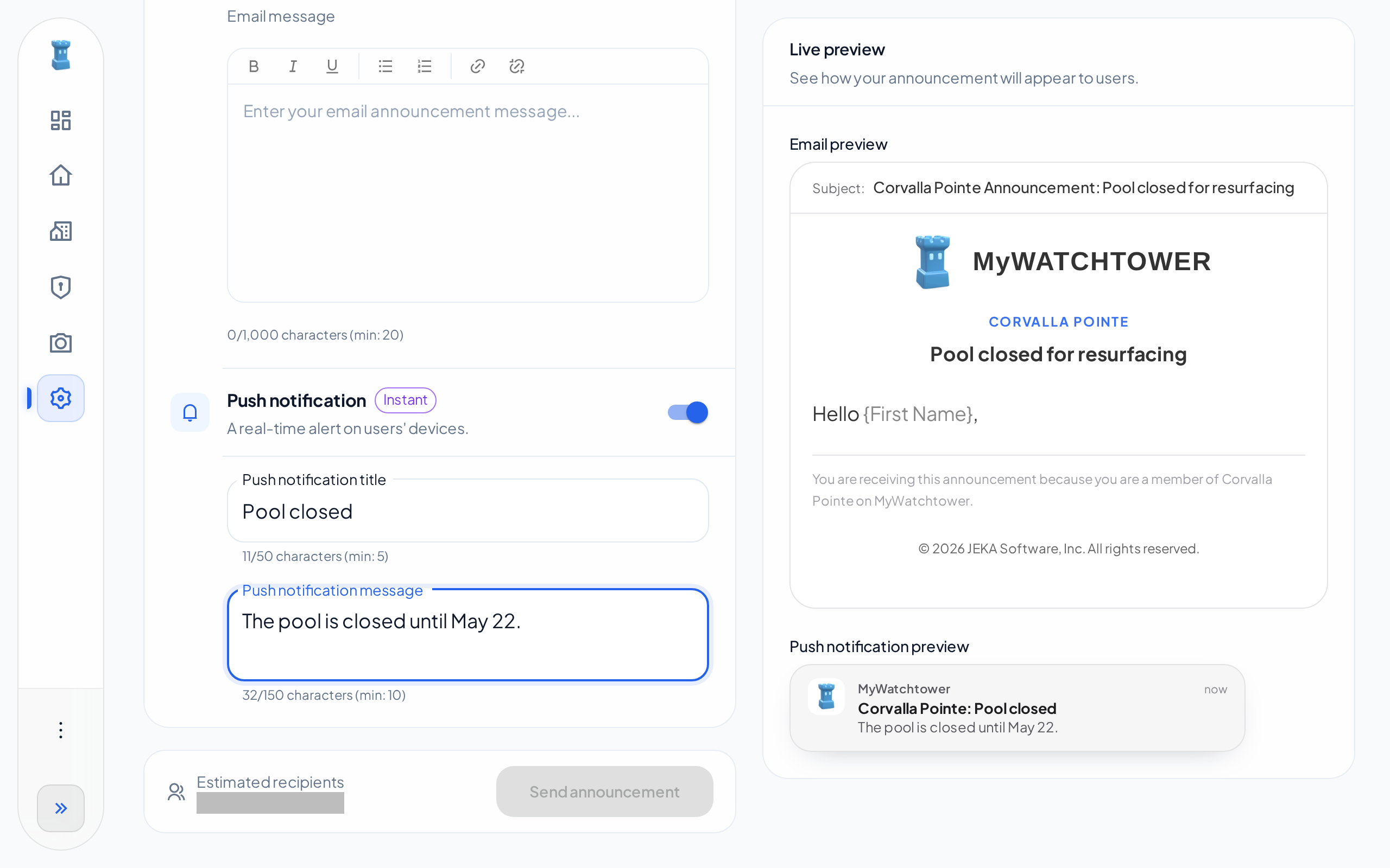 The New announcement tab with a sample push notification, and the Live preview of the email and the push notification