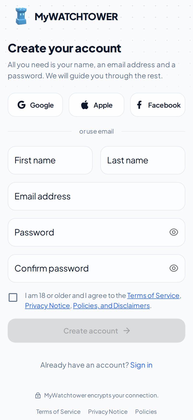 The Create your account page on a phone, with the Google, Apple and Facebook buttons and the email sign-up fields
