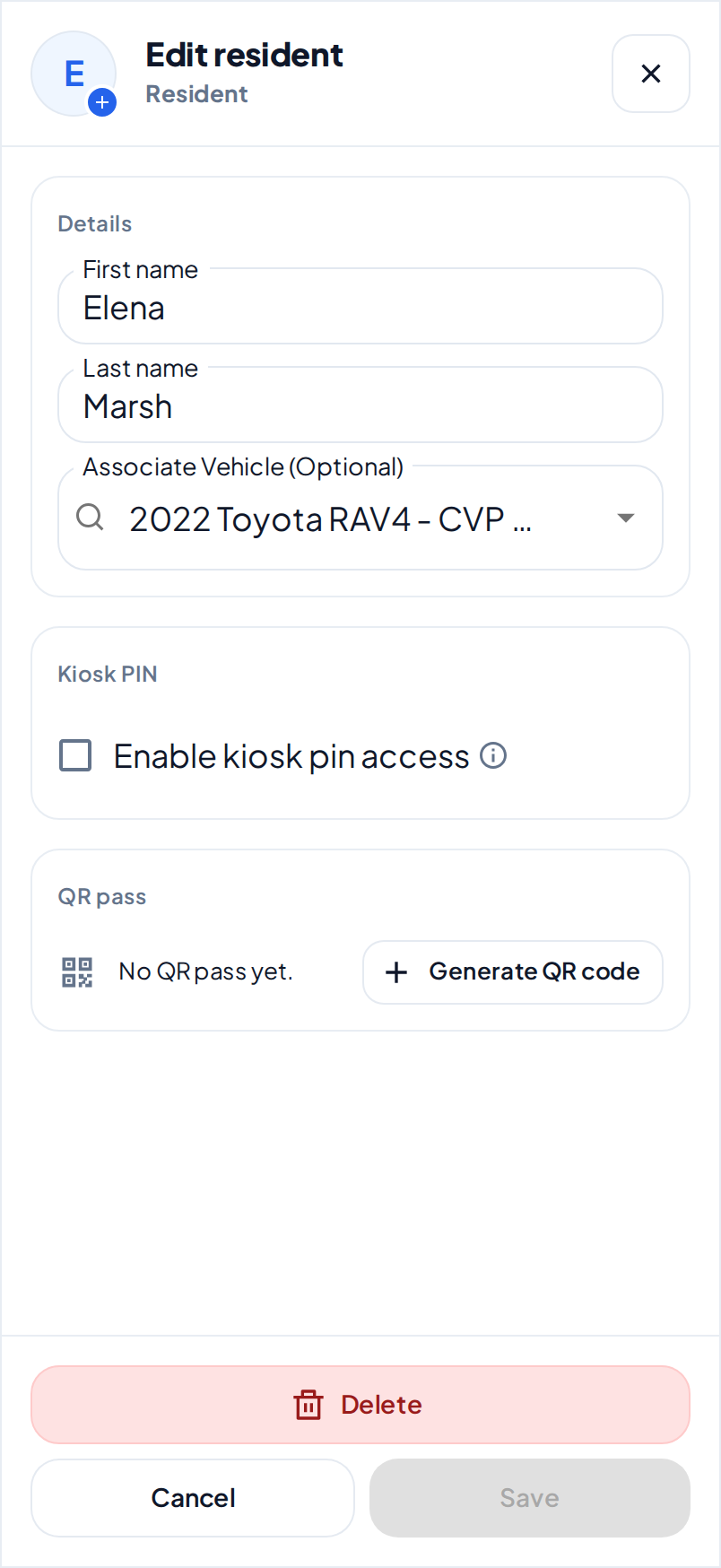 The Edit resident dialog on a phone, with the name and the vehicle of a resident