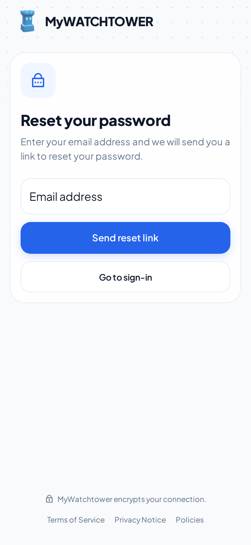 The Reset your password page on a phone, with the Email address field and the Send reset link button