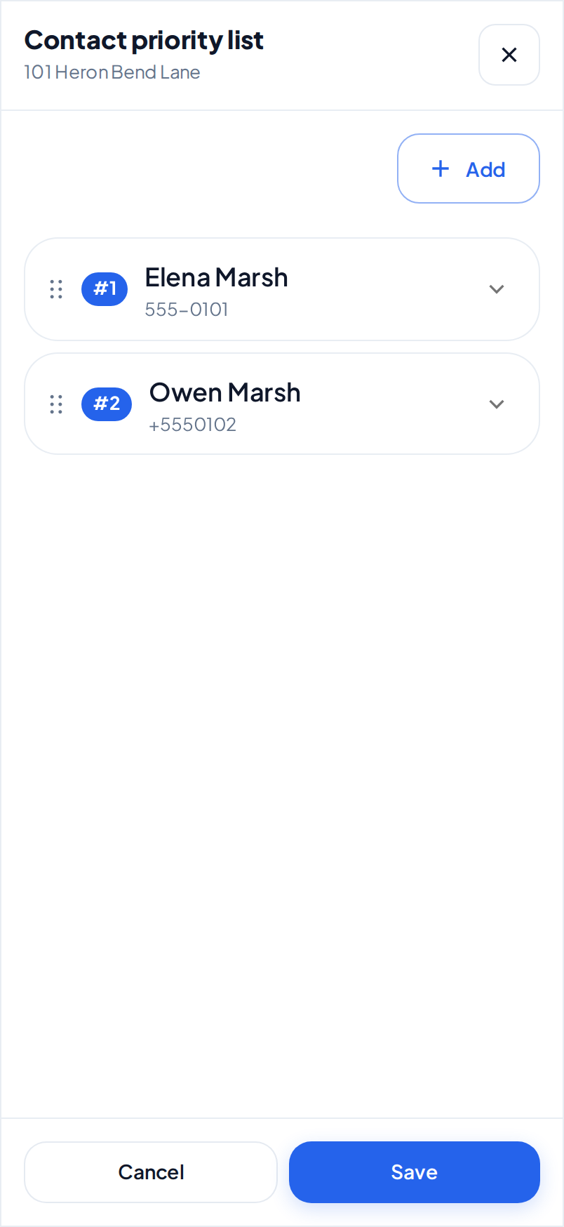 The Contact priority list dialog on a phone, with the street of the property under the title, two contacts with a drag handle each, and the Cancel and Save buttons