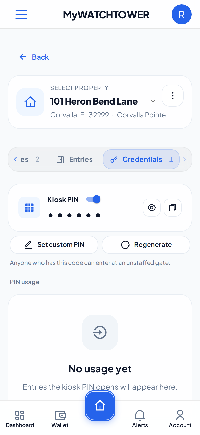 The PIN view of the Credentials tab on a phone. The Kiosk PIN card is on, the PIN is hidden, and the card has Set custom PIN and Regenerate buttons. The PIN usage list shows No usage yet.