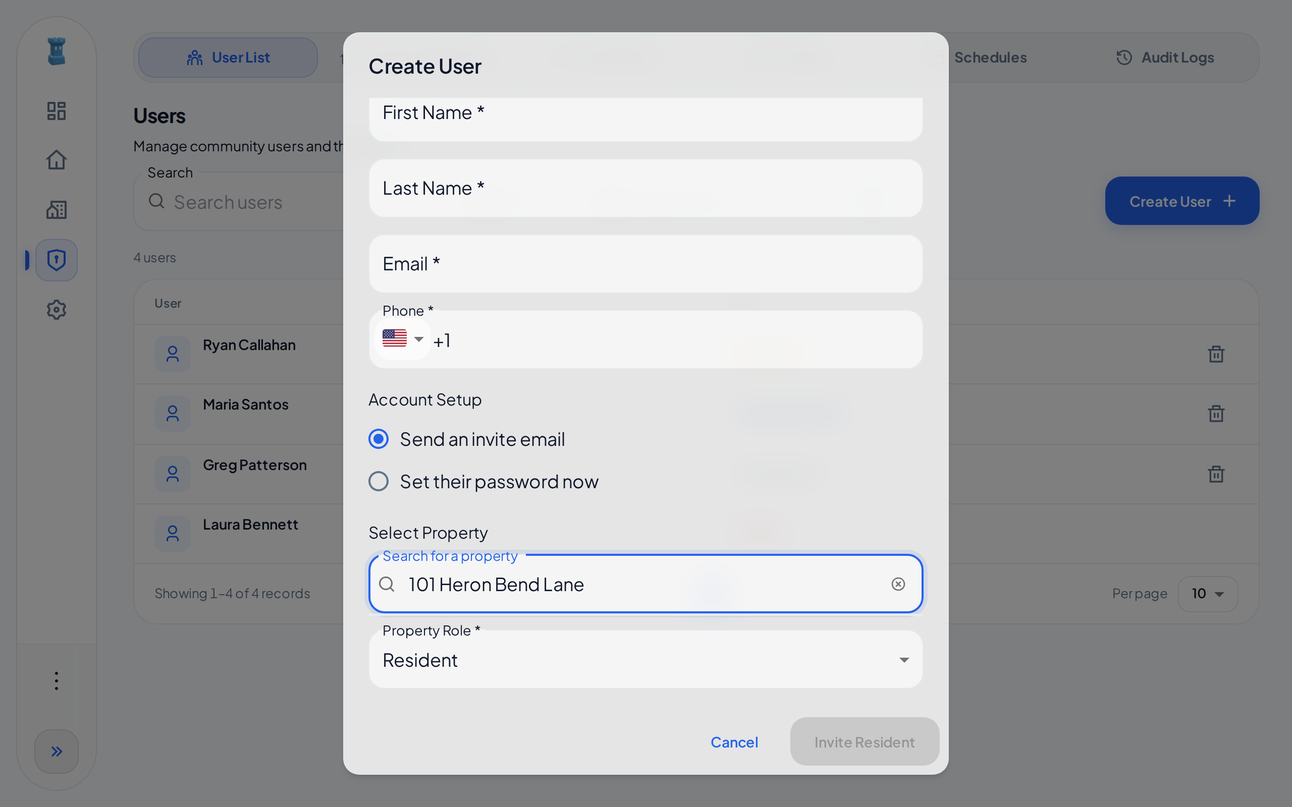 The Resident User tab of the Create User dialog, with 101 Heron Bend Lane in the property search and Resident as the Property Role
