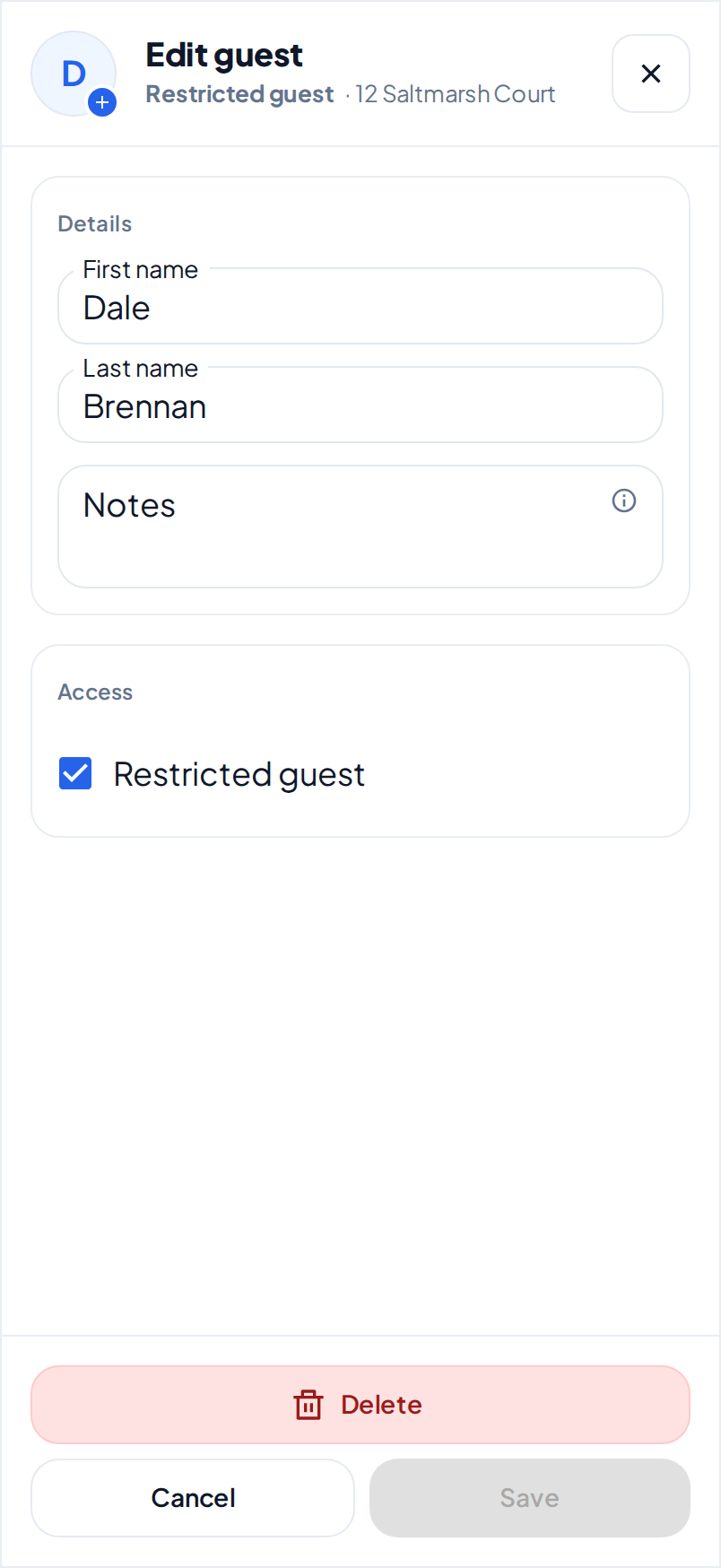 The Edit guest dialog of a restricted guest, with Restricted guest selected and Delete above Cancel and Save