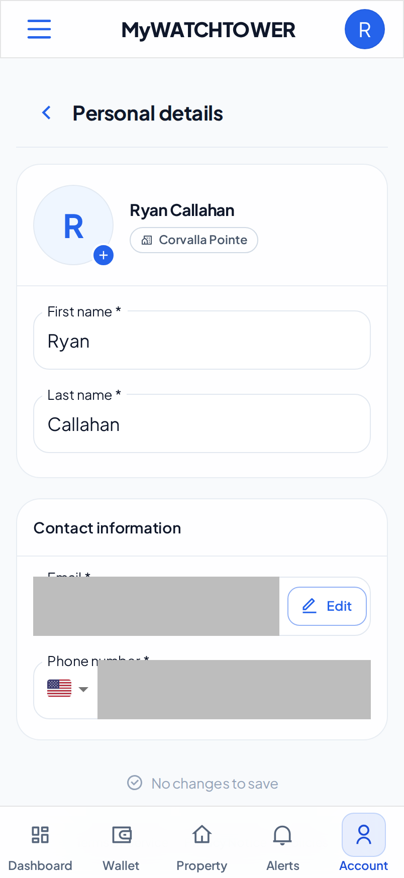 The Personal details section on a phone. The Contact information card shows the Email field with an Edit button.