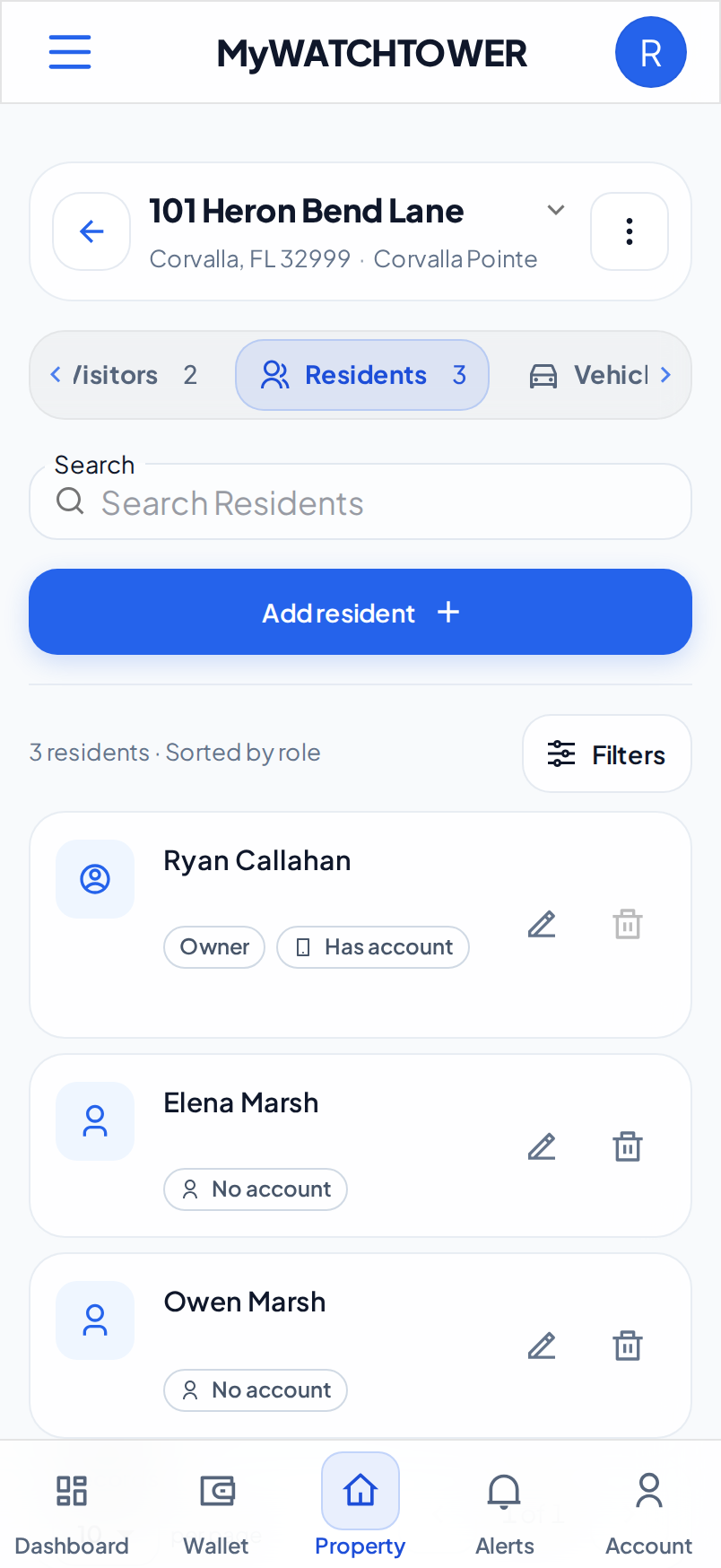 The Residents tab of a property on a phone, with the edit and trash buttons on each row