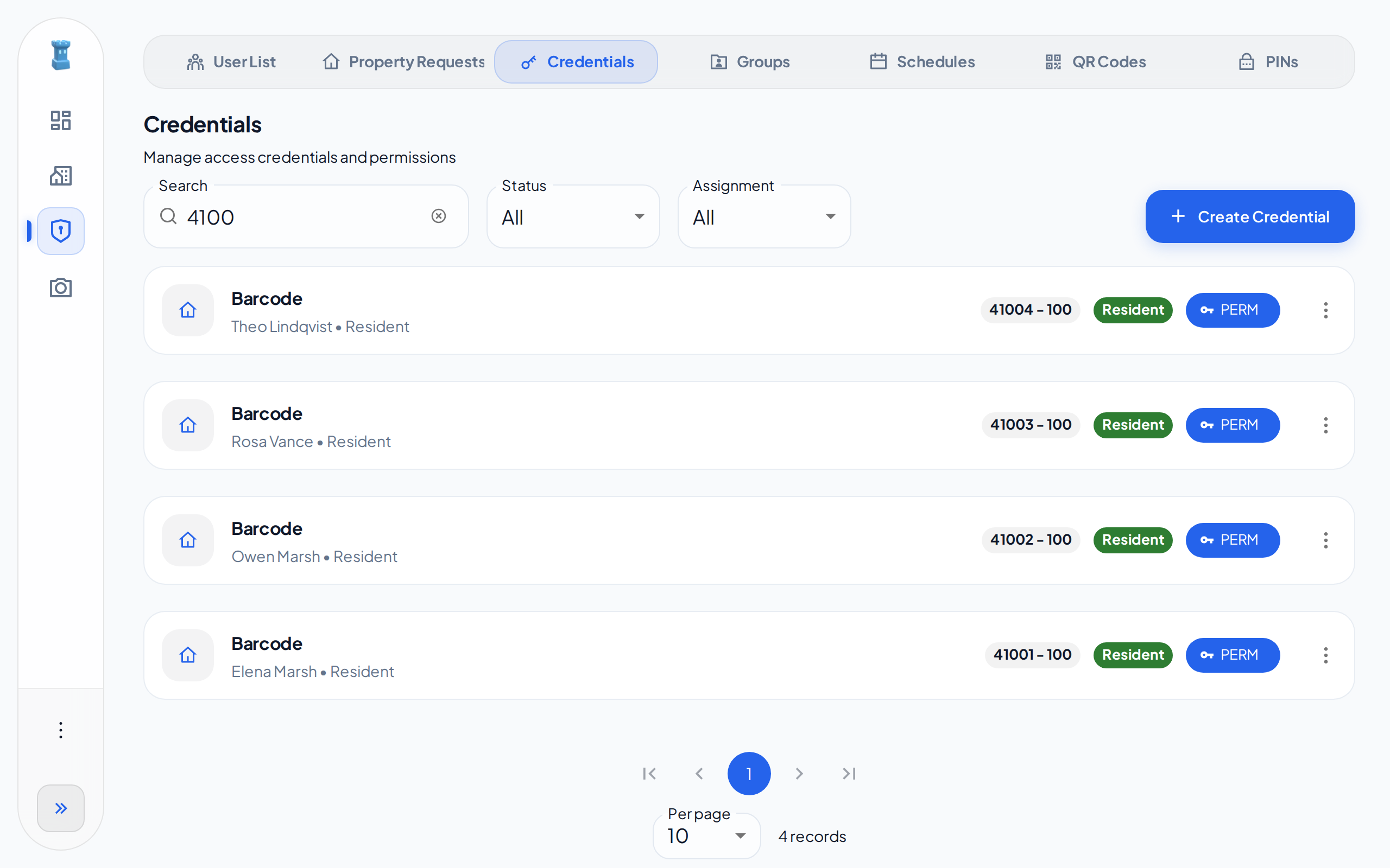 The Credentials list, with four resident credentials, the Search box, the Status and Assignment filters and the Create Credential button
