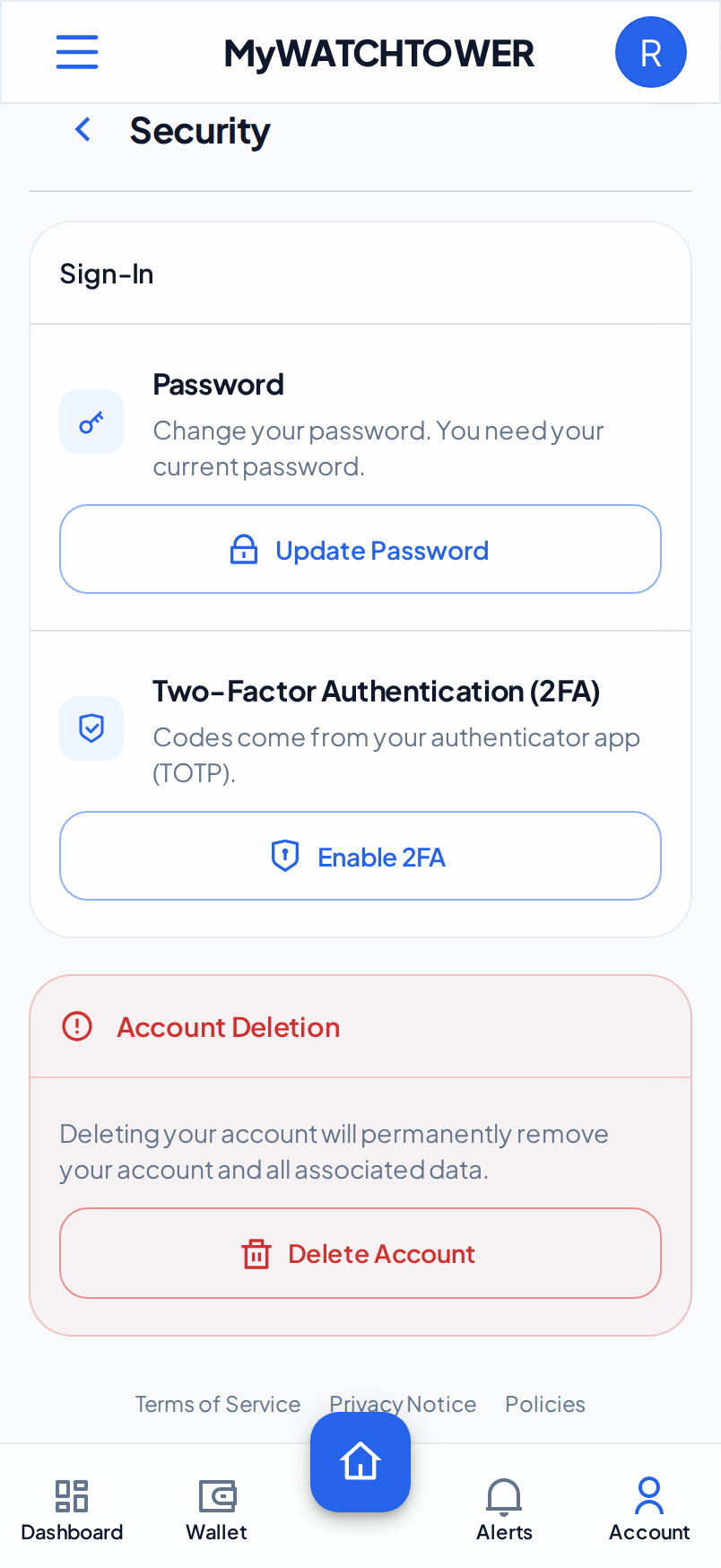 The Security section on a phone. The Sign-In card shows the Two-Factor Authentication (2FA) row with the Enable 2FA button.