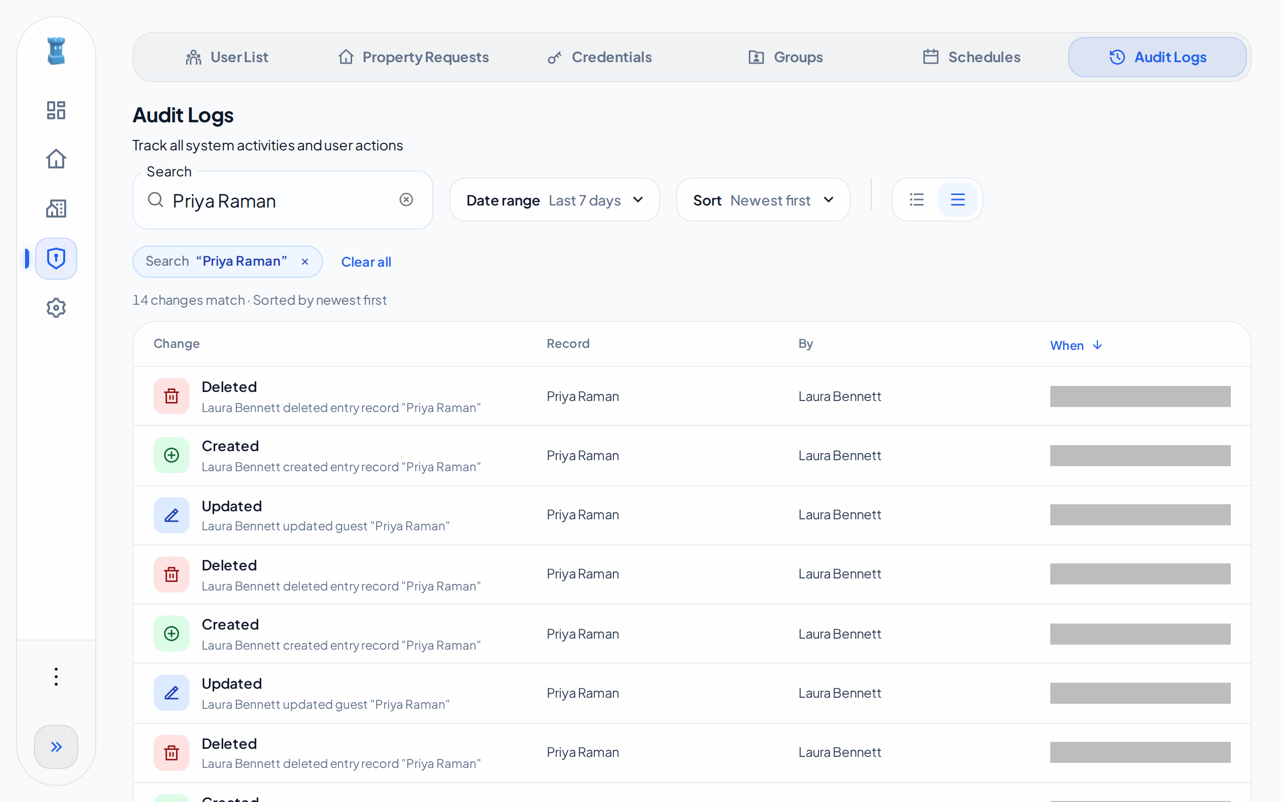 The Audit Logs tab, searched for one guest, with the Change, Record, By and When columns