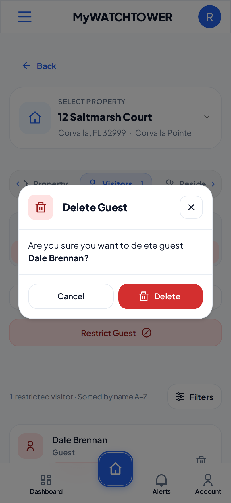 The Delete Guest dialog for the restricted guest Dale Brennan on a phone, with the Cancel and Delete buttons