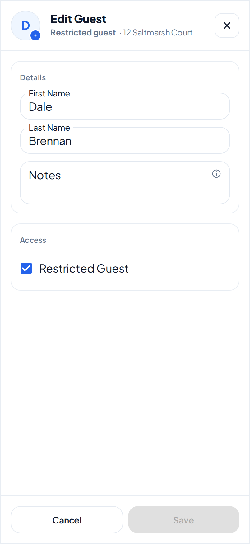 The Edit Guest dialog of the restricted guest Dale Brennan on a phone, with Restricted Guest selected