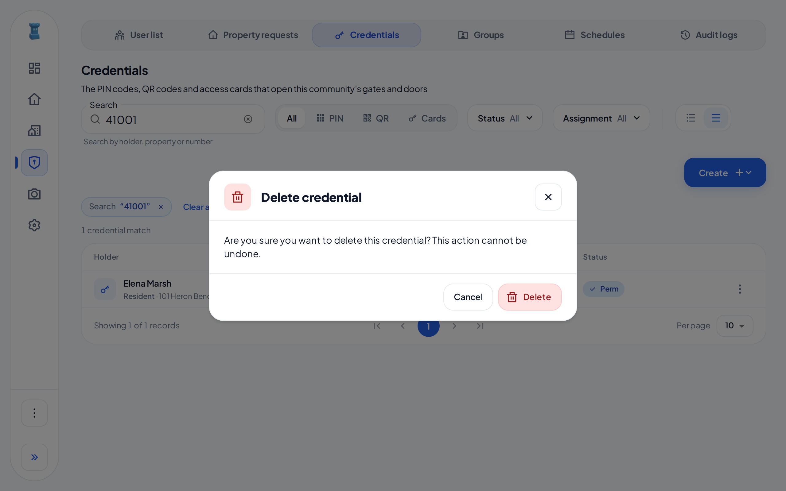 The Delete credential dialog, with the Cancel and Delete buttons