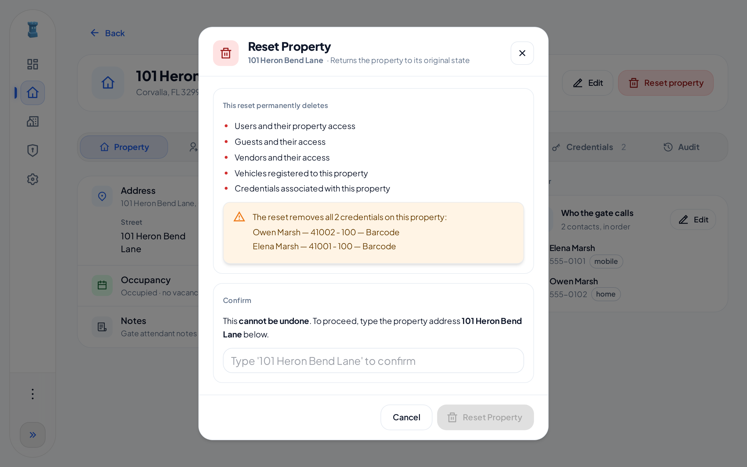 The Reset Property dialog with the list of what the reset deletes and two cards on the property