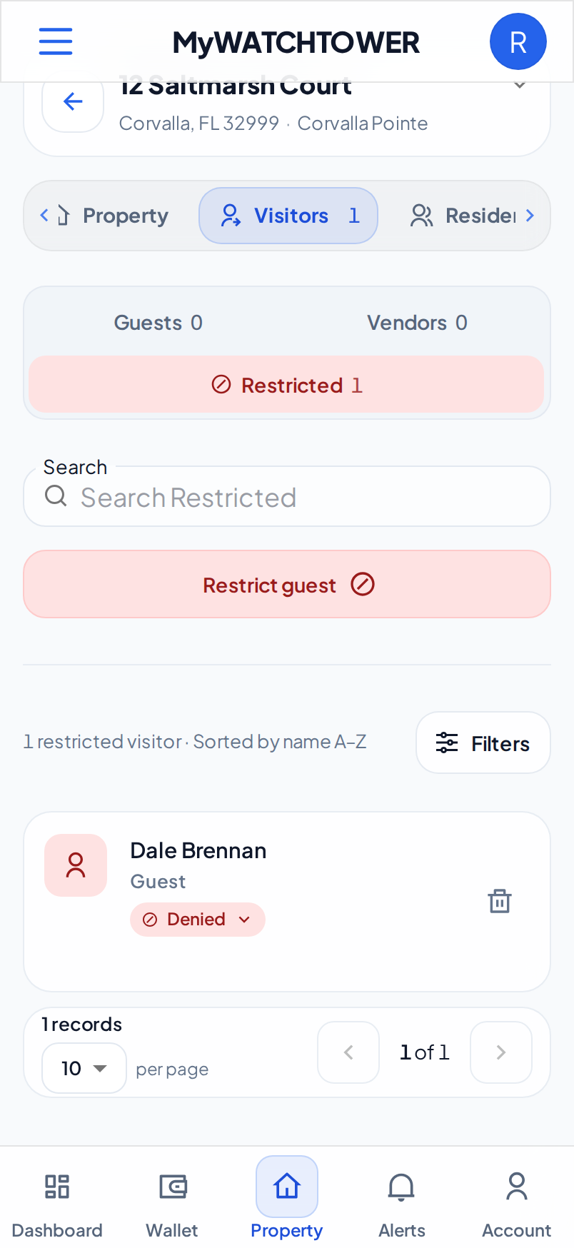 The Restricted list of a property on a phone, with Dale Brennan and the Restrict guest button