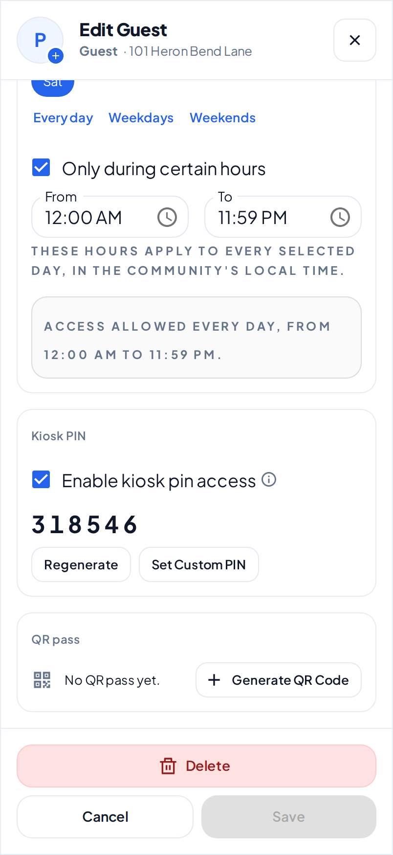 The Kiosk PIN section of the Edit Guest dialog on a phone. Enable kiosk pin access is selected, and the PIN shows with the Regenerate and Set Custom PIN buttons.
