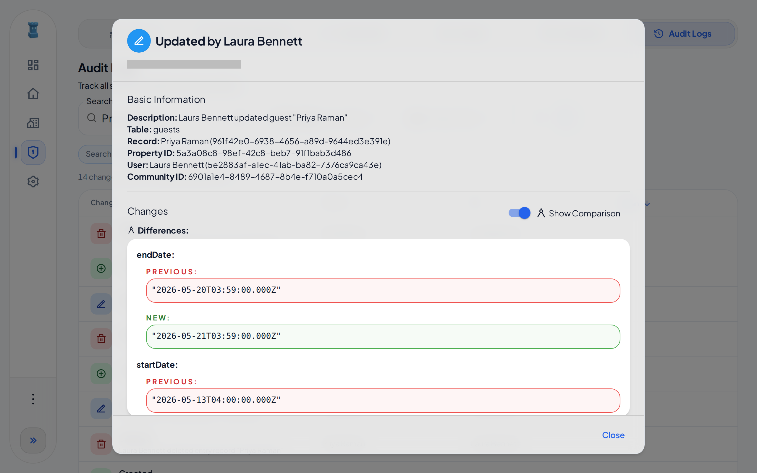 The details of an update to a guest, with Show Comparison on and the previous and new values of each field