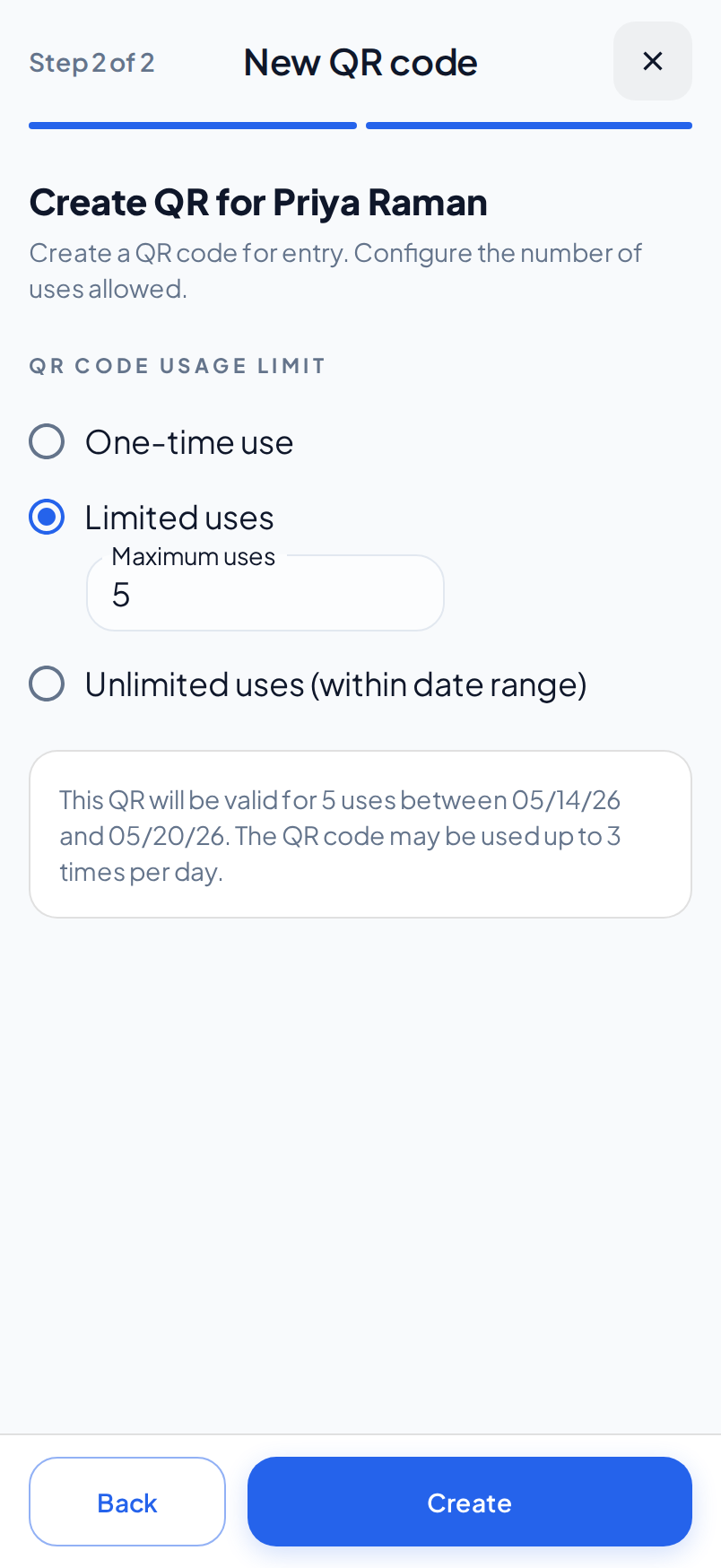 Step 2 of the QR code wizard on a phone. Limited uses is selected with 5 maximum uses, and the text under the options gives the dates of the guest.
