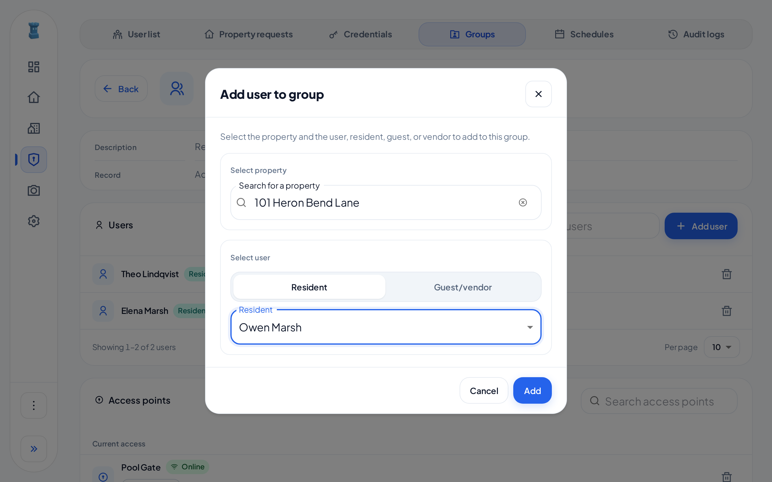 The Add user to group dialog for the Pool Members group. The Select property section shows 101 Heron Bend Lane, and the Select user section shows Resident and Owen Marsh.