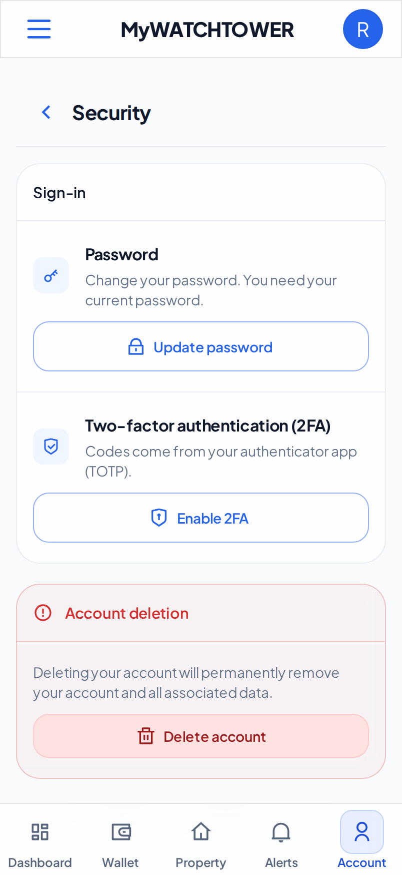 The Security section on a phone. The Sign-in card shows the Password row with the Update password button.