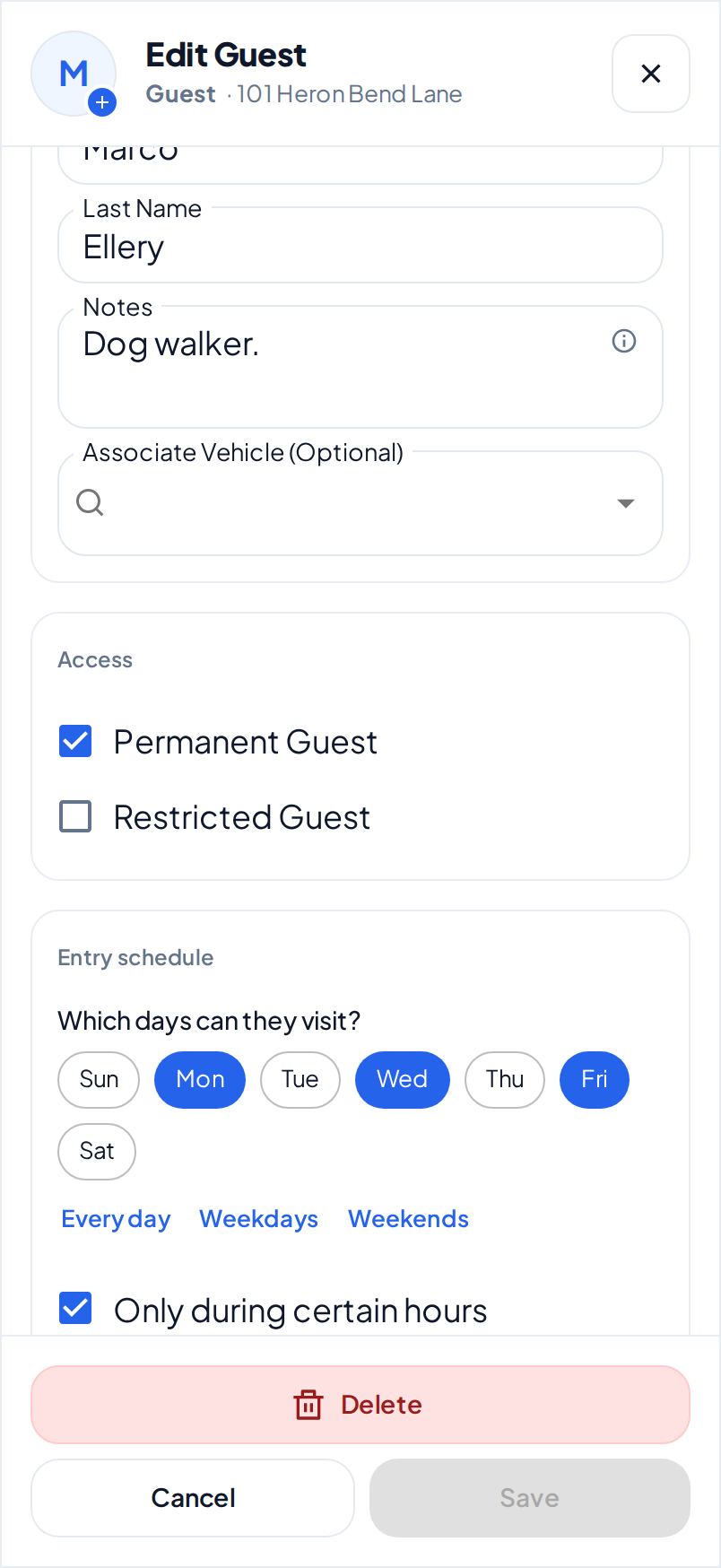 Edit Guest for Marco Ellery on a phone. Permanent Guest is selected, so the entry dates do not show. The entry schedule is under it.