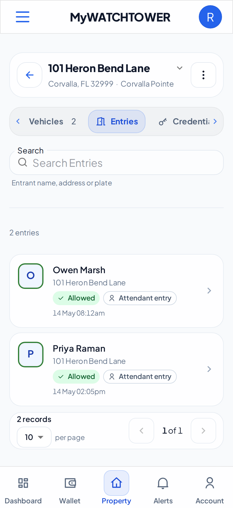 The Entries tab of a property on a phone, with two recent entries