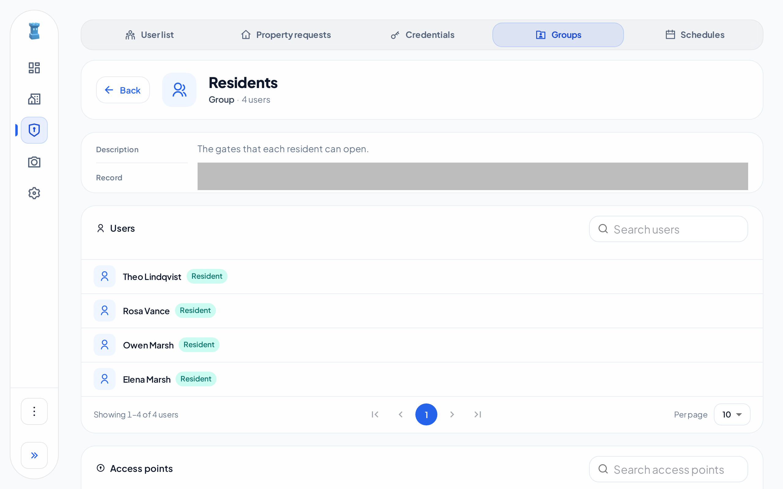 The page of the Residents group, with its description and four users. The Access points list starts under the users.